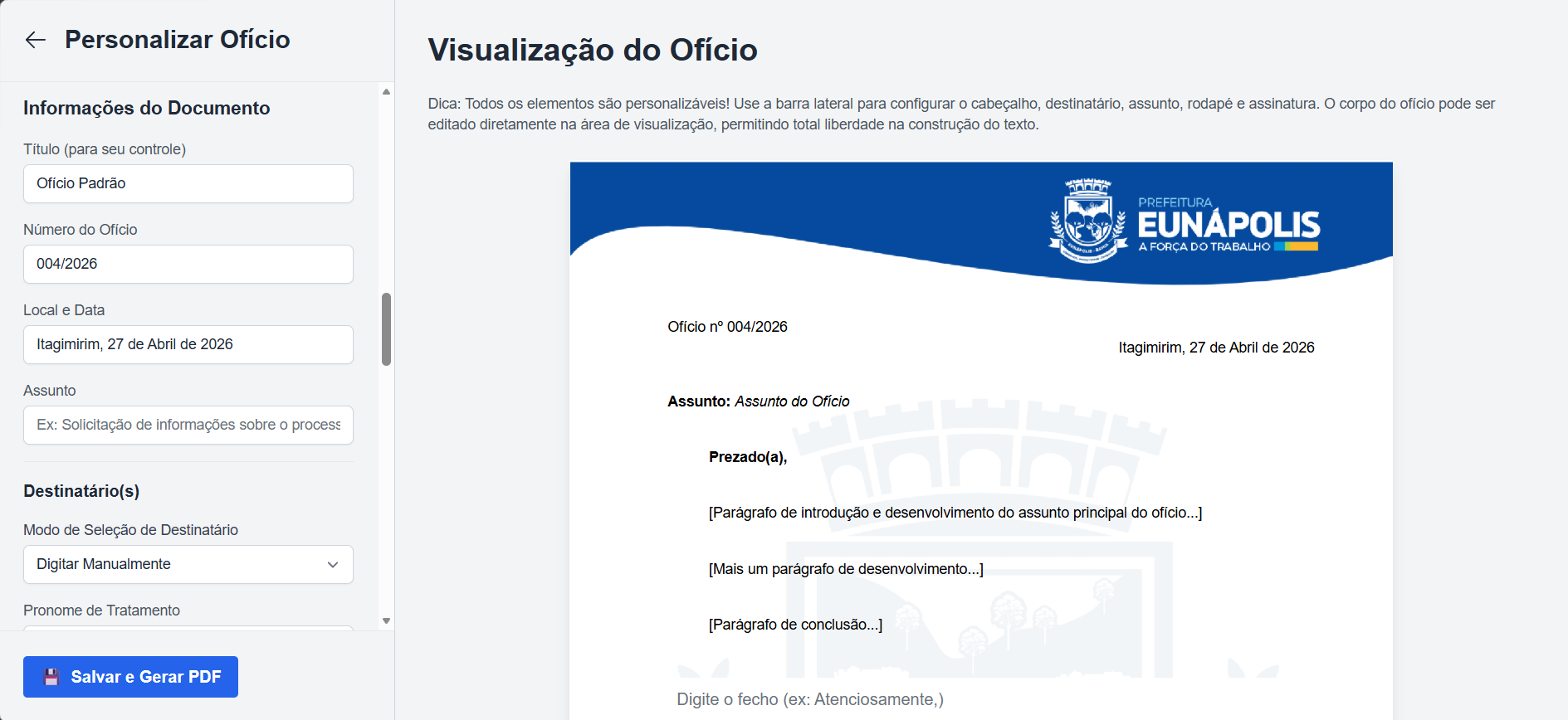 Editor de ofício para igreja com numeração automática e identidade visual